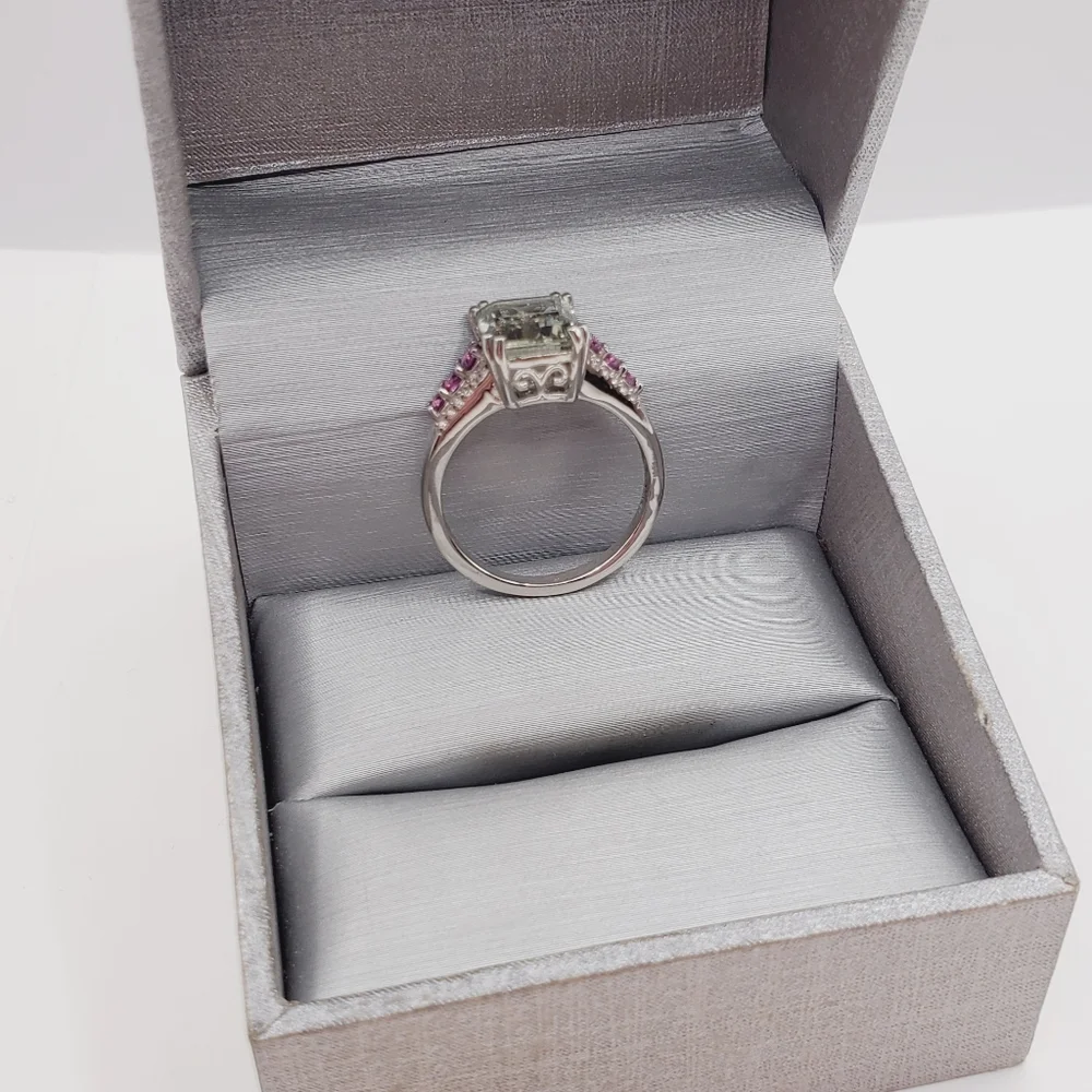 Emerald Cut Montezuma Prasiolite & Pink Tourmaline 925 Sterling Silver Ring